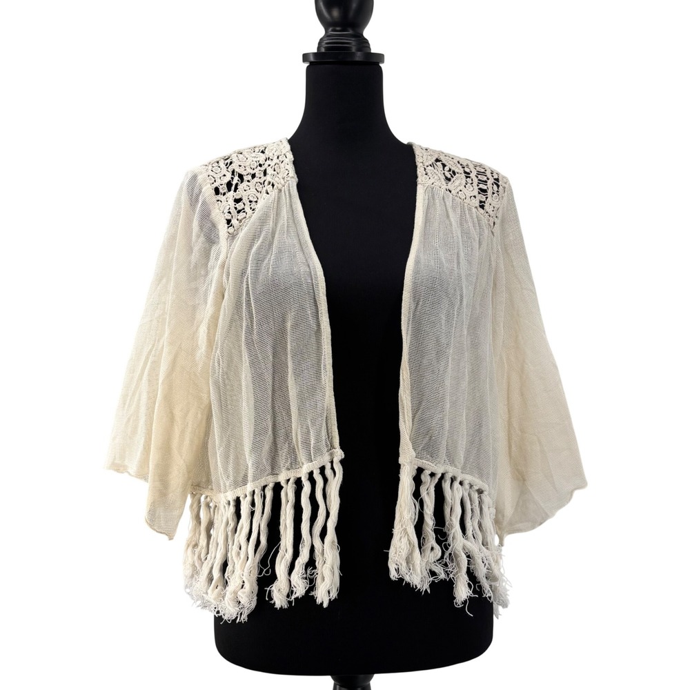 Abercrombie & Fitch Cream Mesh Crochet Lace Fringe Boho Kimono Cardigan‎ XS/S